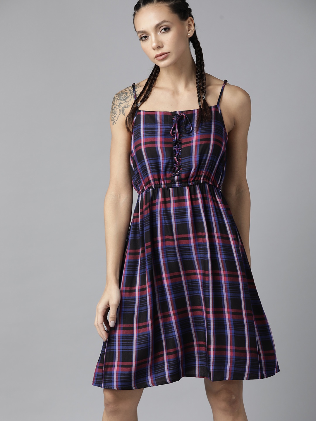 

Roadster Navy Blue & Pink Checked One Shoulder A-Line Dress
