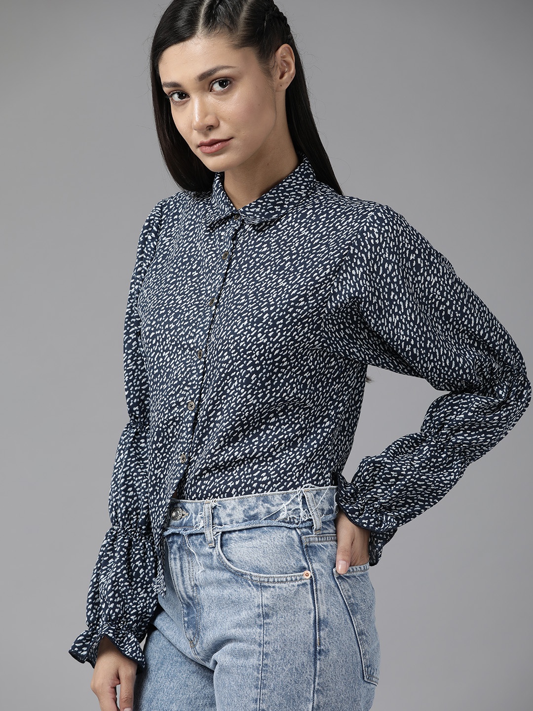 

Roadster Women Navy Blue Printed Shirt