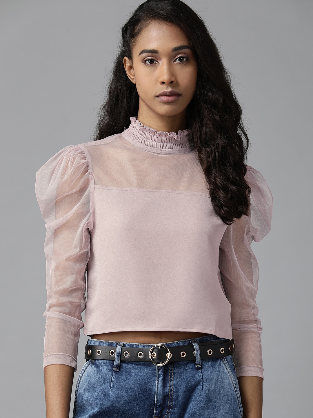 

Roadster Mauve Solid Smocked Neck Semi-Sheer Crop Top