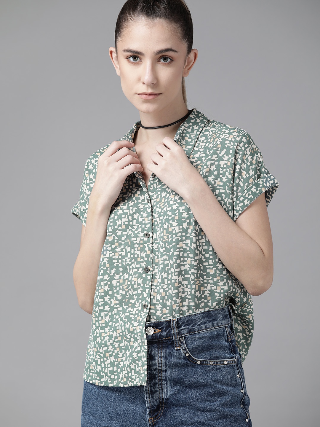 

Roadster Women Green & Off-White Sustainable Recycled Polyester Printed Casual Shirt