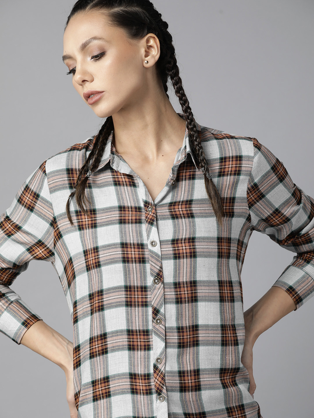 

Roadster Women Grey Gingham Checks Checked Casual Shirt
