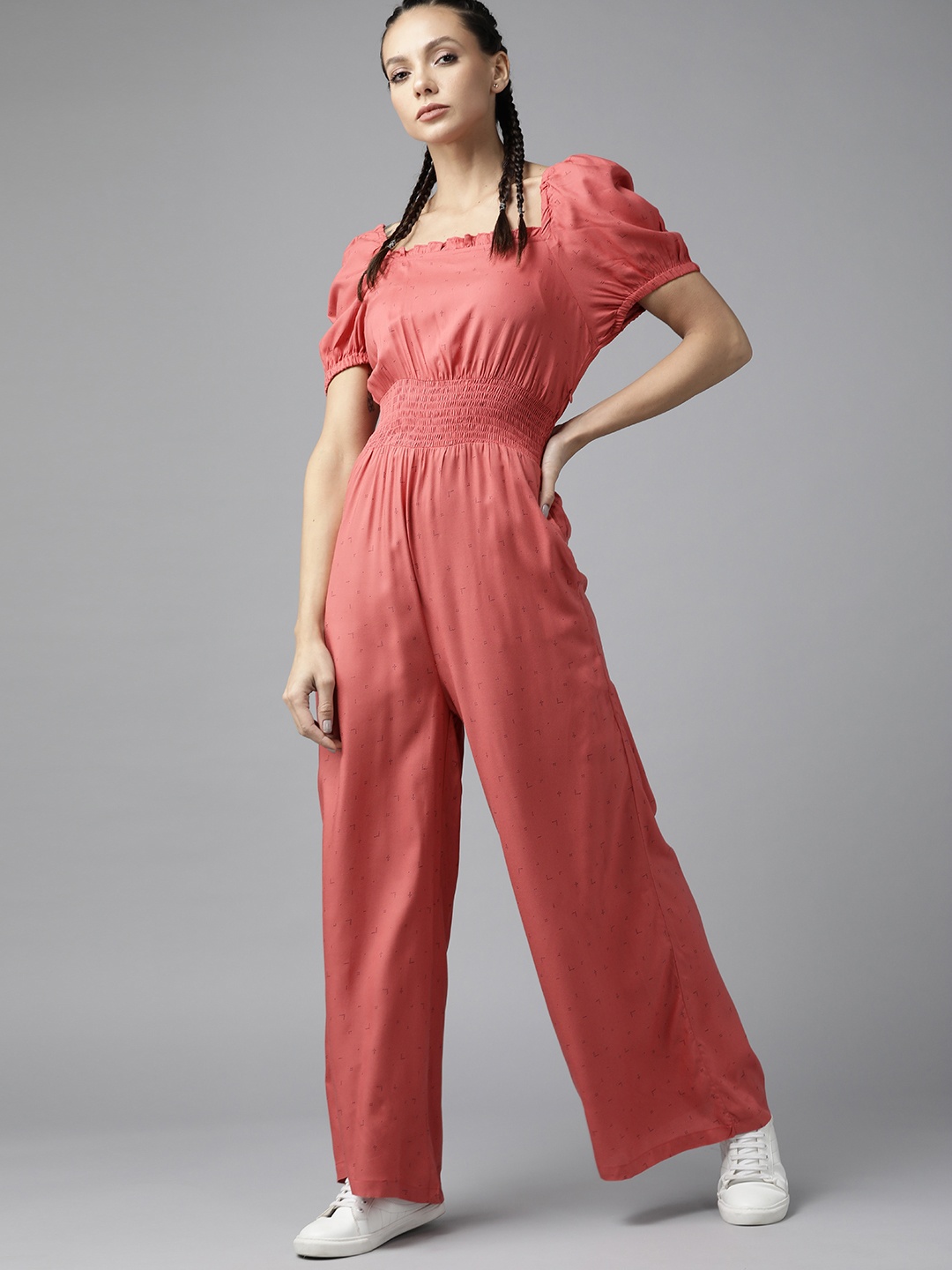 

Roadster Pink & Black Geometric Printed Basic Smocked Detail Jumpsuit