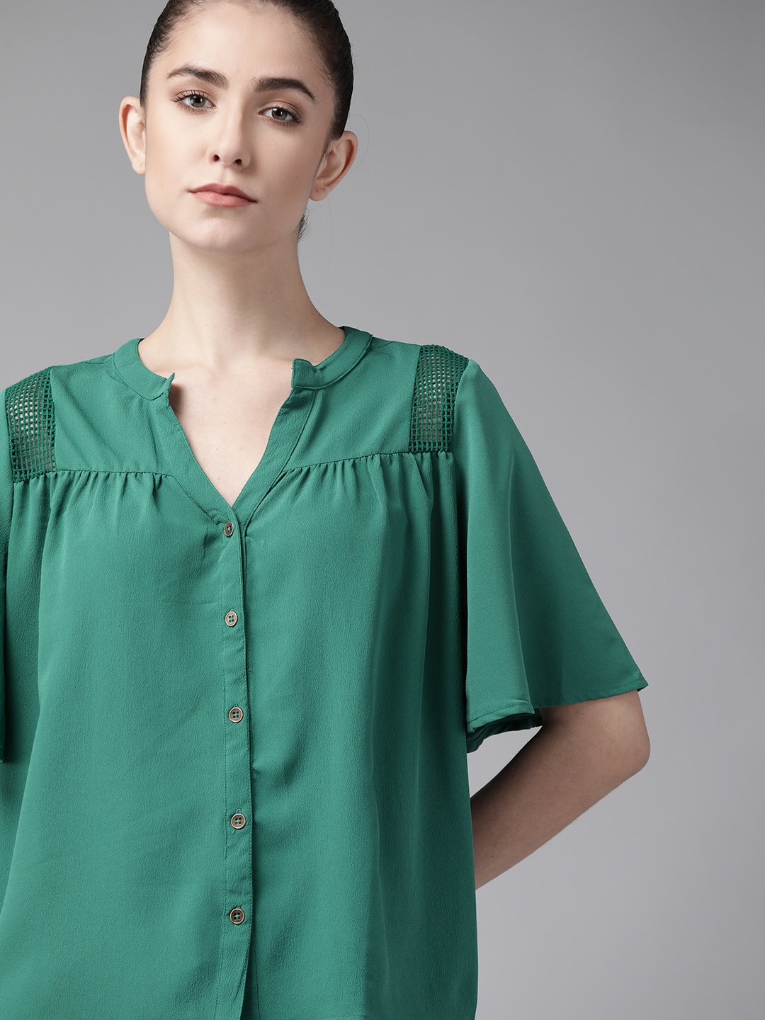 

Roadster Women Green Solid Casual Shirt With Cut-out Details
