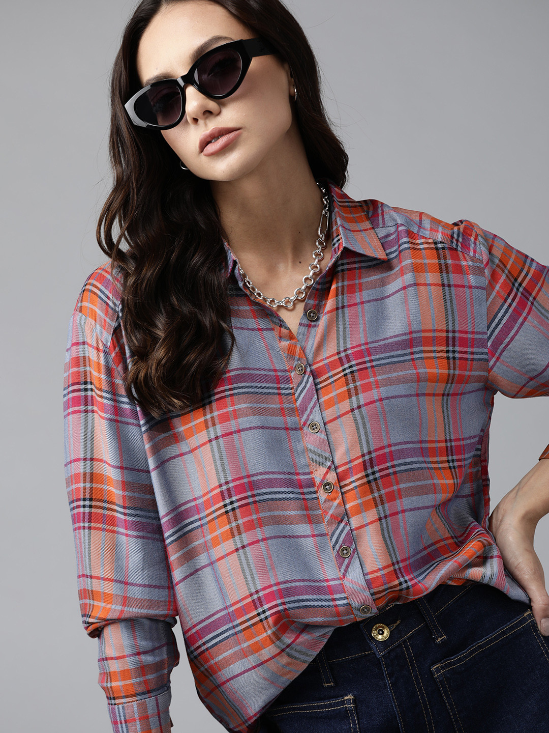 

Roadster Women Grey & Orange Checked Casual Shirt