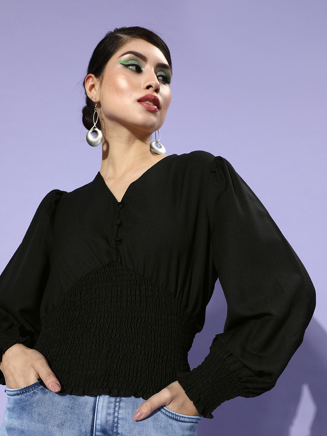 

Roadster Women Stylish Black Solid Smocking Top