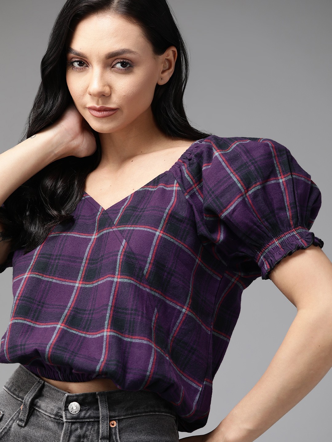 

Roadster Purple & Black Pure Cotton Checked Sweetheart Neck Wrap Blouson Flannel Top