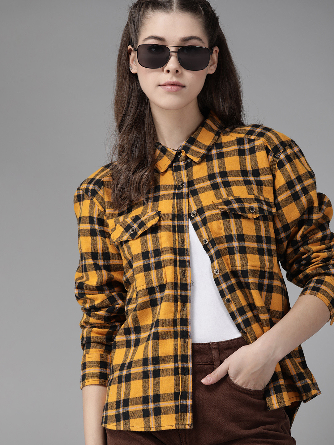 

Roadster Women Mustard Yellow & Black Pure Cotton Checked Flannel Shirt