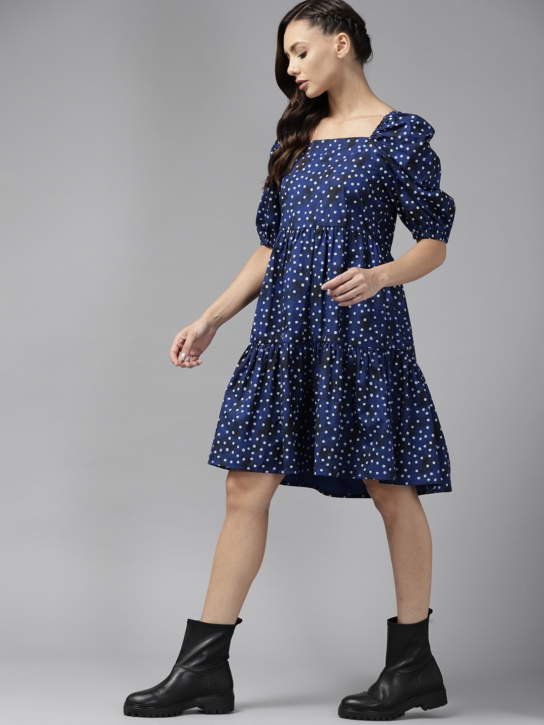 

Roadster Blue & White Pure Cotton Geometric Printed A-Line Dress