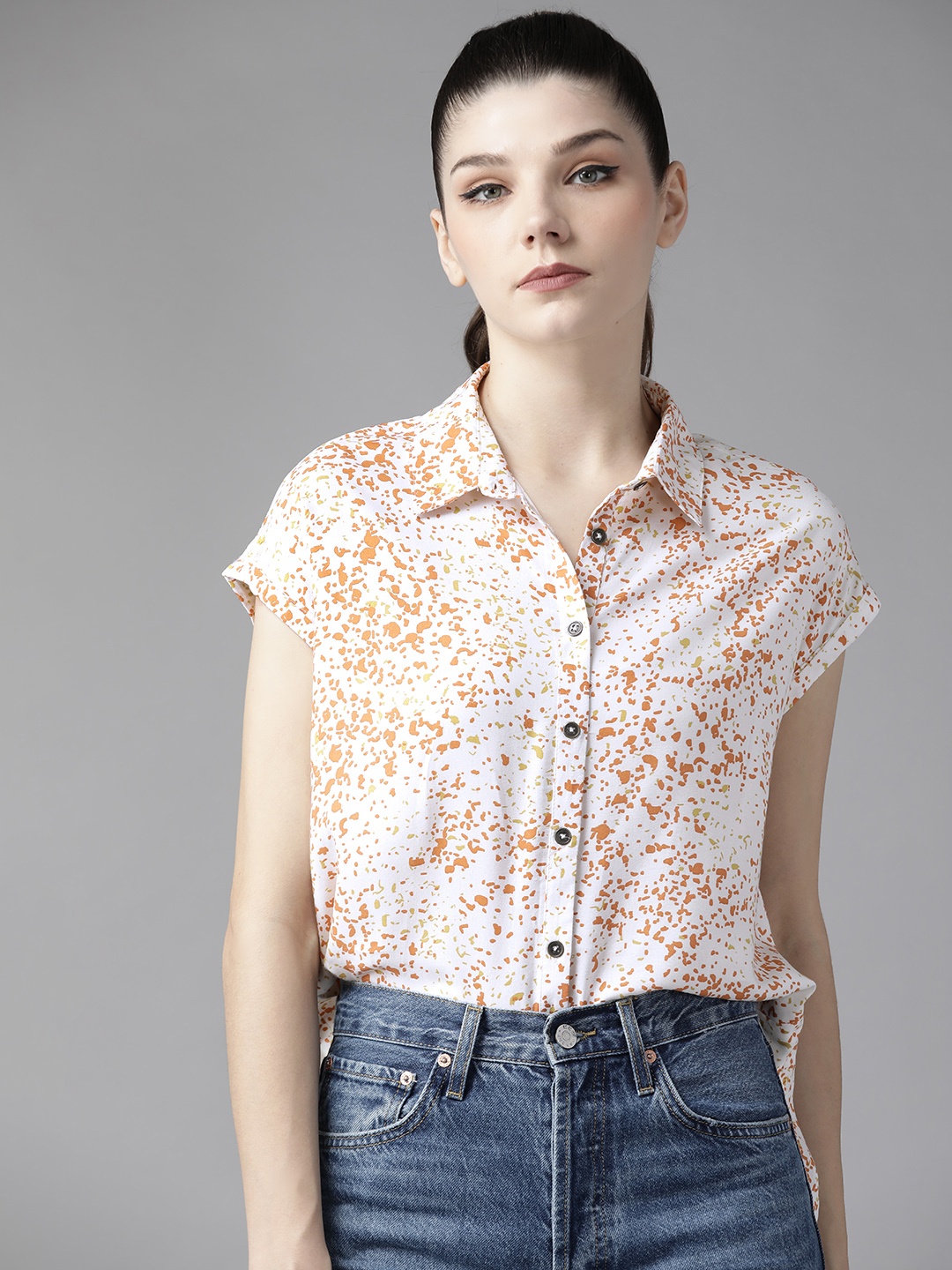 

Roadster Women Off White & Rust Orange Sustainable EcoVero Printed Casual Shirt