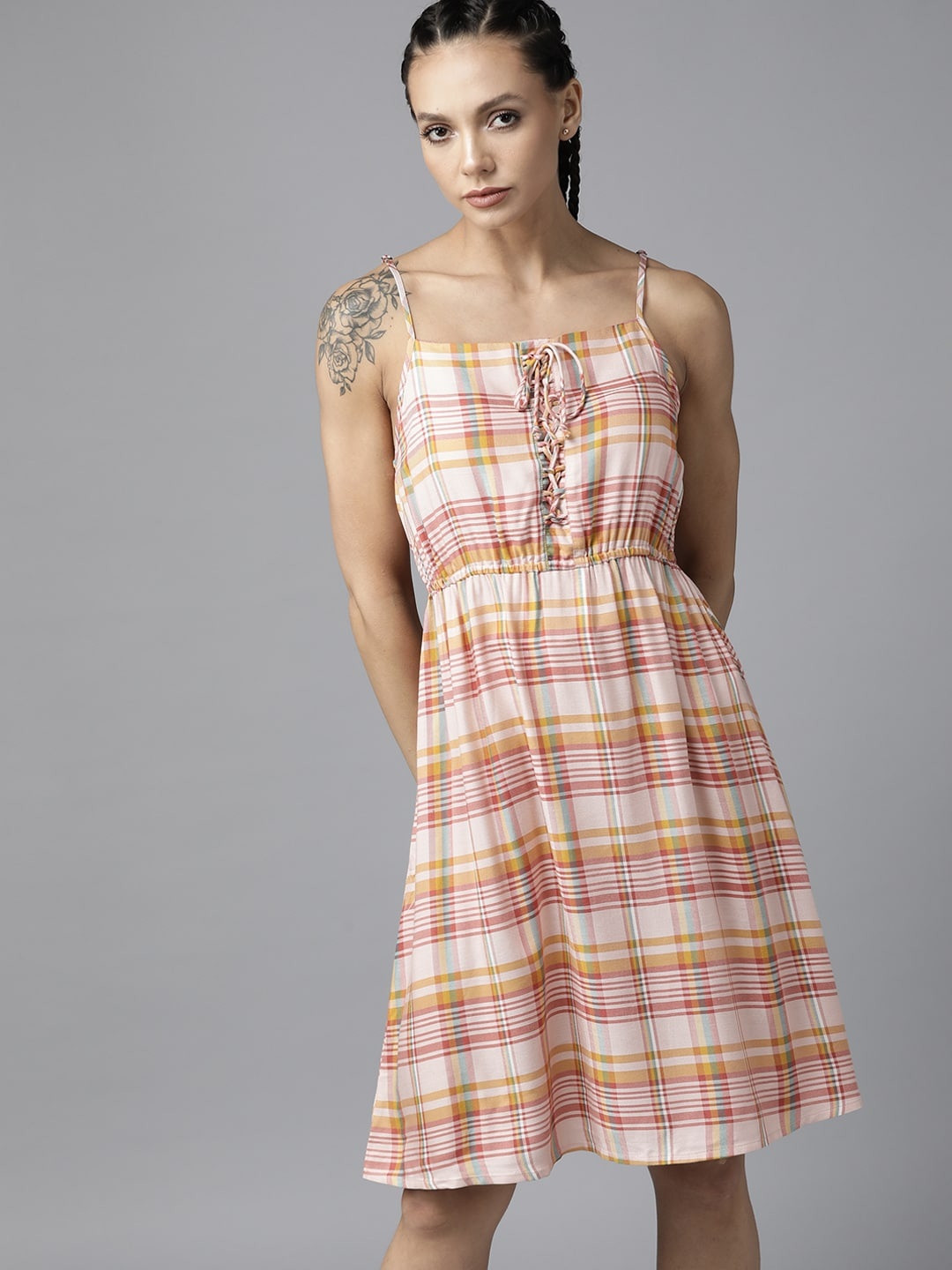 

Roadster Women Peach-Coloured & Yellow Checked A-Line Dress