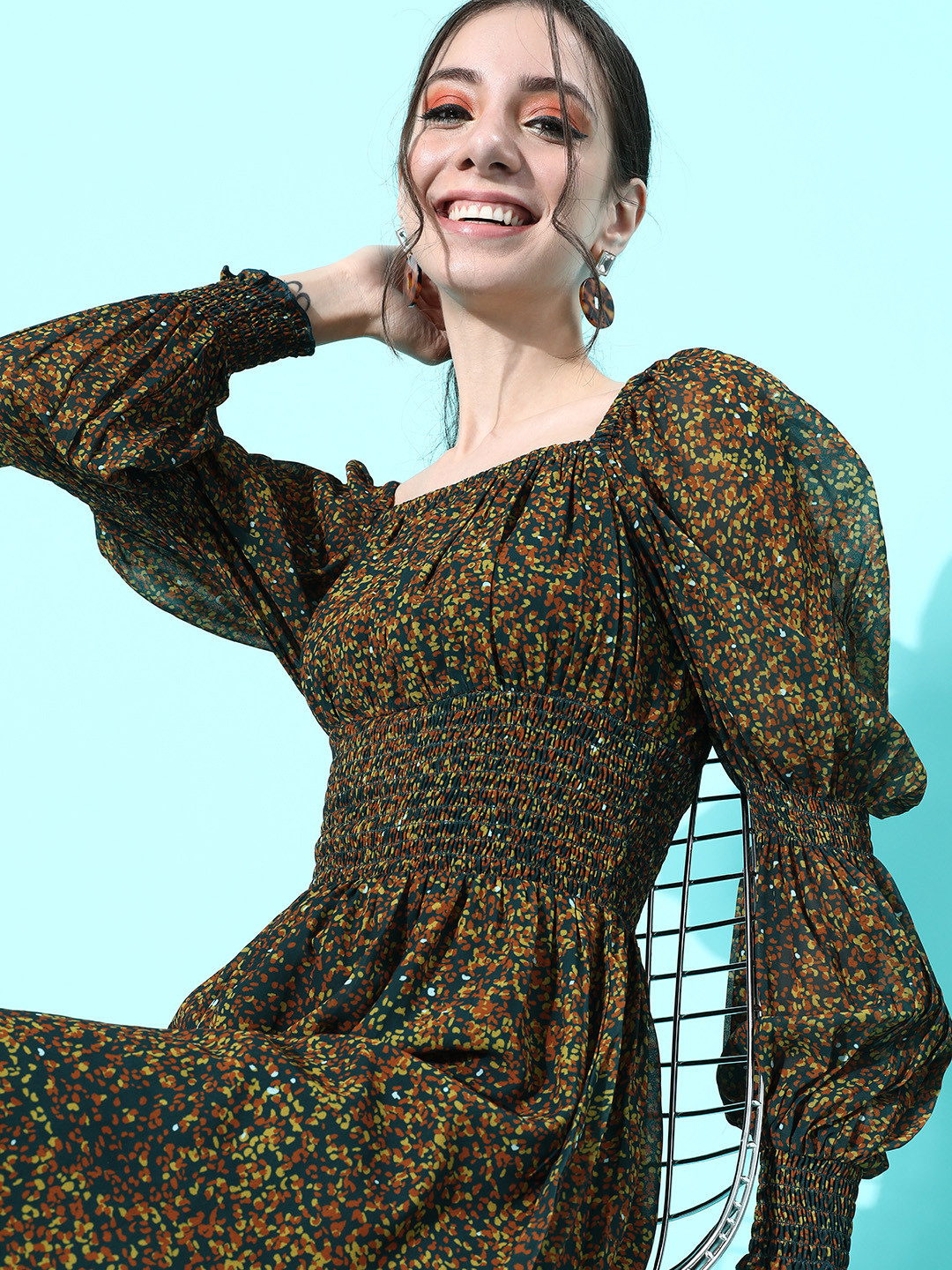 

Roadster Women Lovely Olive Abstract Cinched Waist Dress