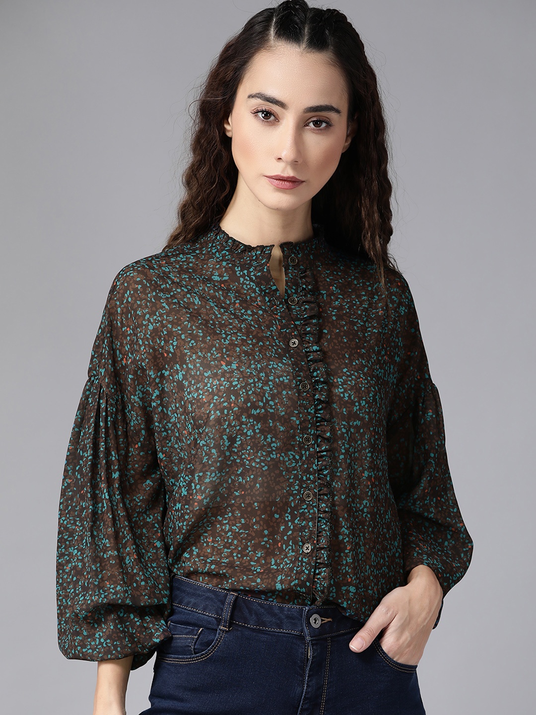 

Roadster Women Brown & Blue Mandarin Collar Ruffled Shirt Style Top