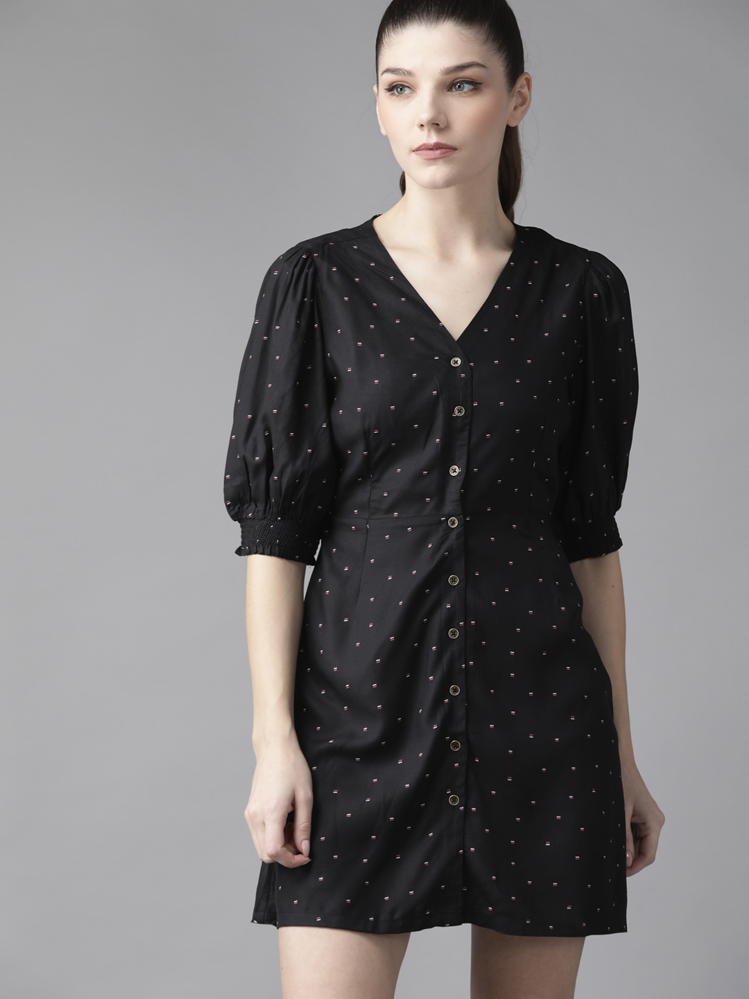 

Roadster Black Geometric Printed A-Line Mini Dress
