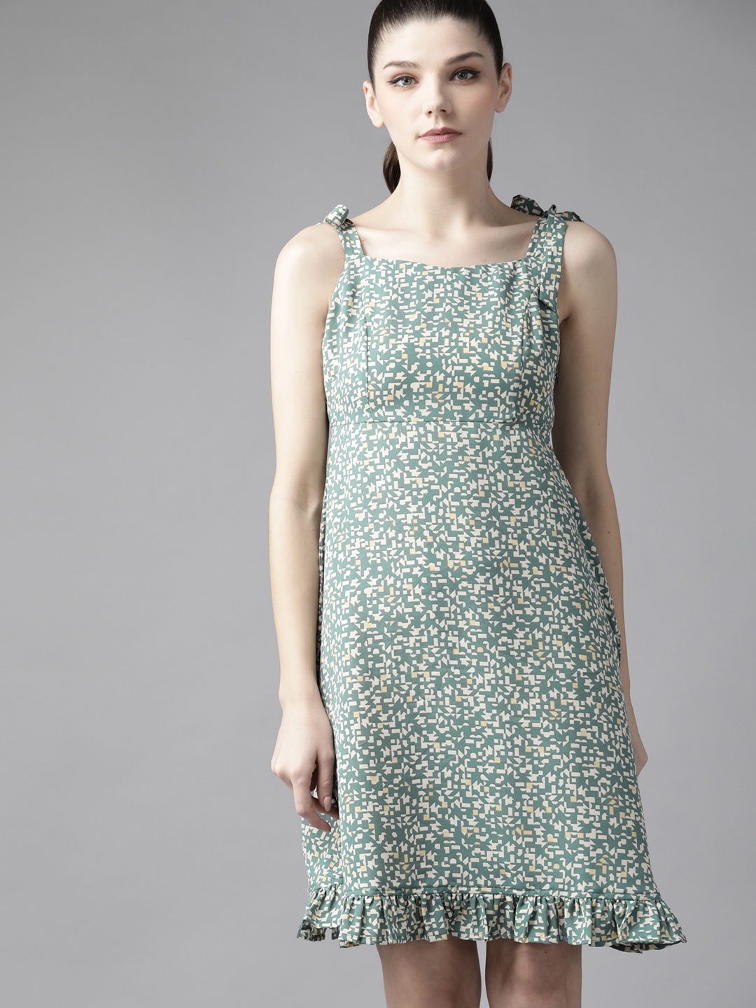 

Roadster Green & Beige Abstract Printed A-Line Mini Dress With Ruffle Details