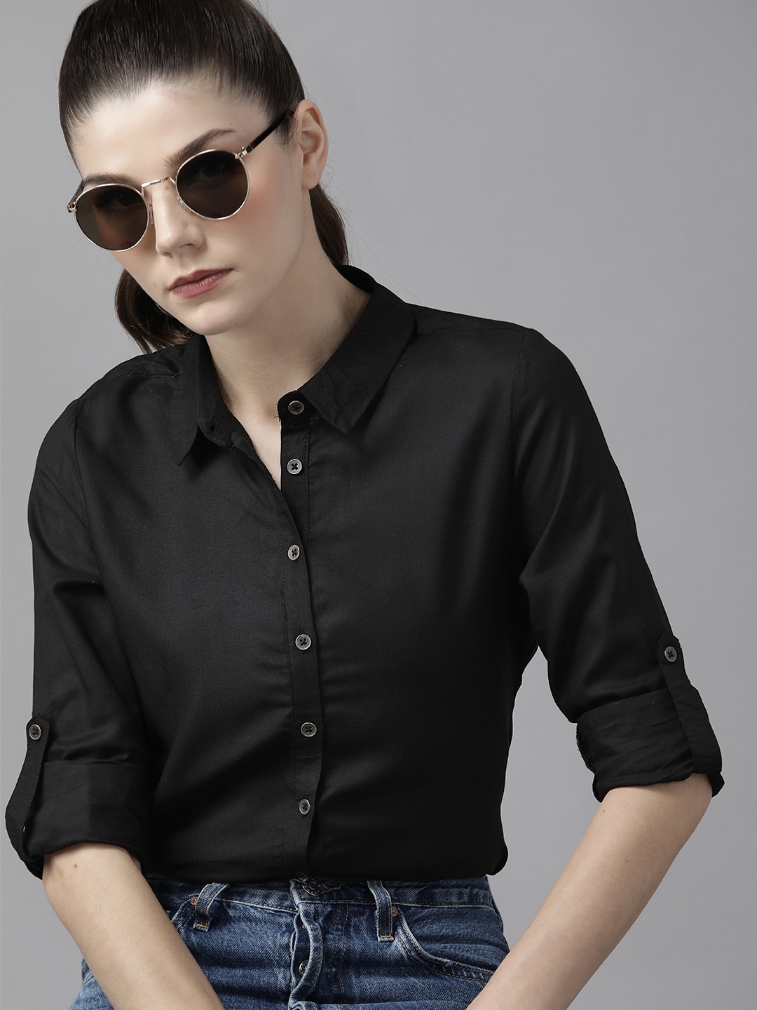 

Roadster Women Black Solid Sustainable Shirt