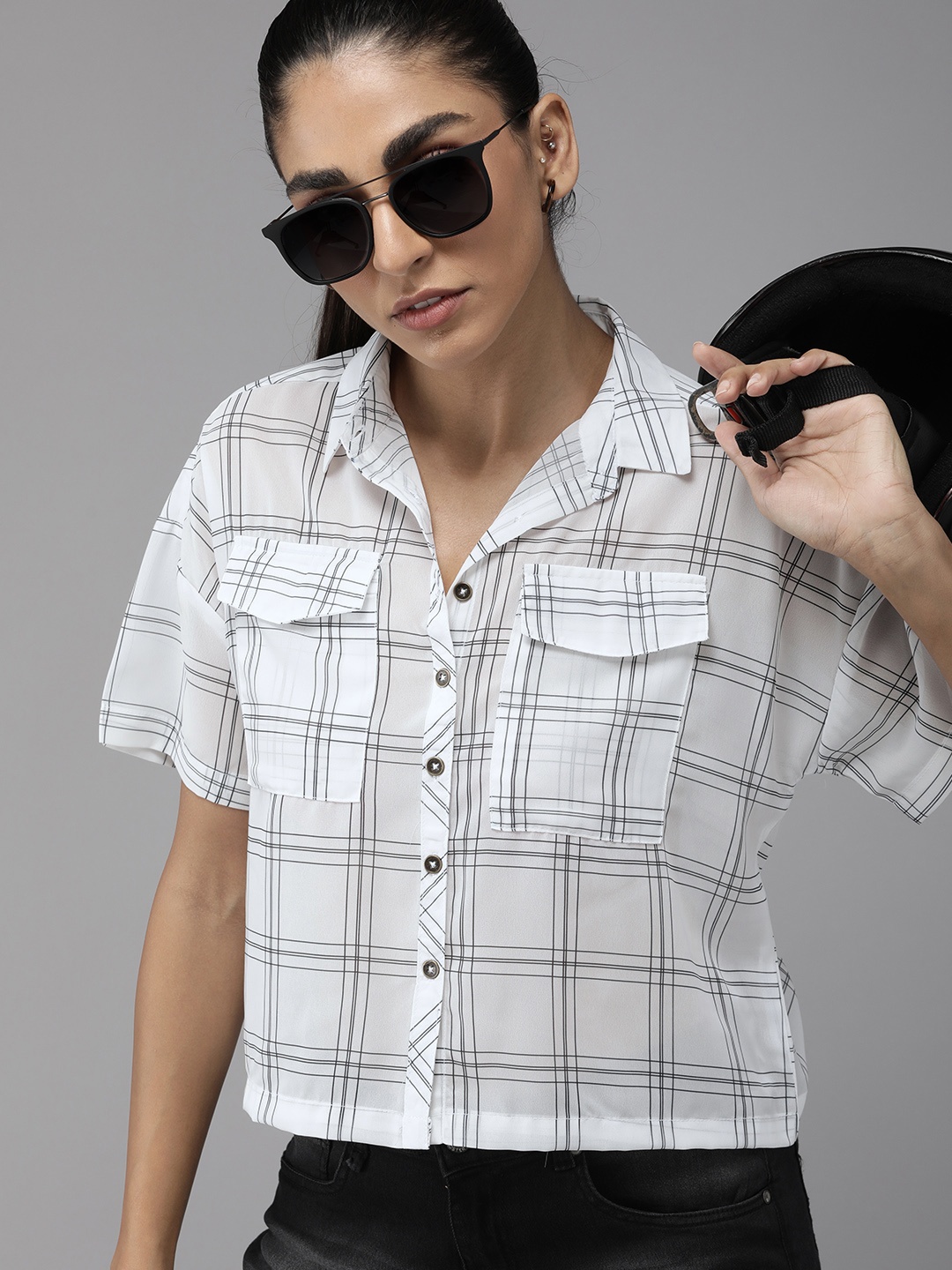 

The Roadster Lifestyle Co Women White & Navy Blue Semi Sheer Checked Casual Shirt