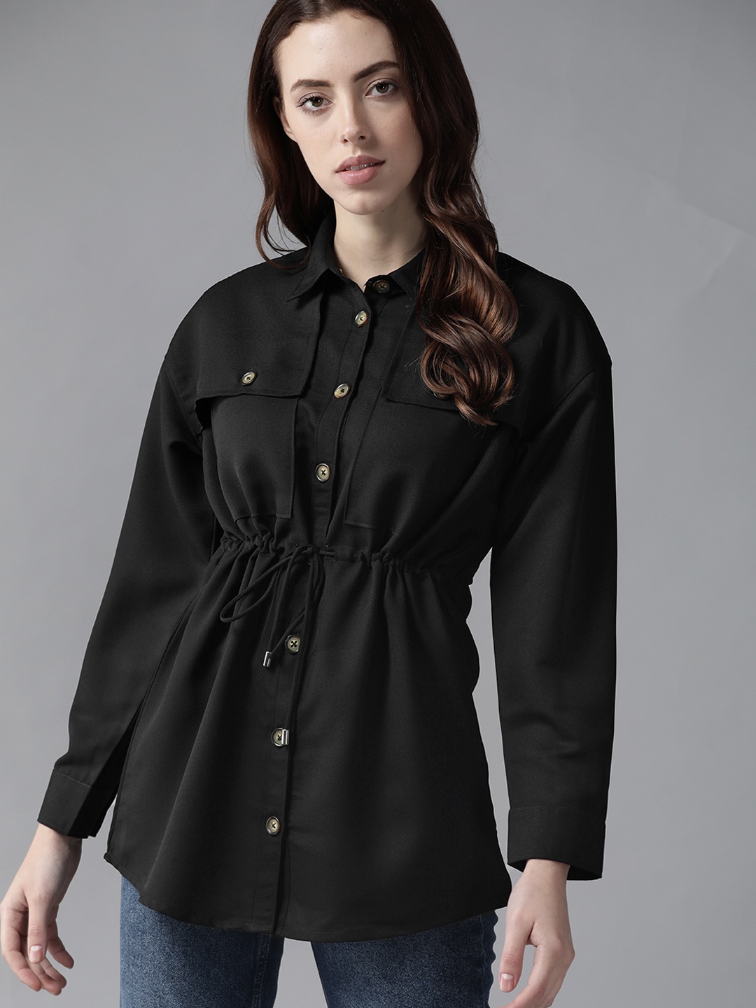 

Roadster Women Black Waist Tie-Up Casual Shirt