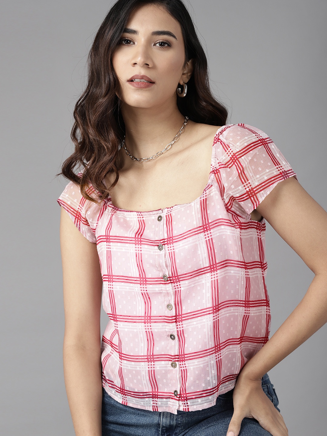 

Roadster Pink Dobby Weave Checked Regular Top