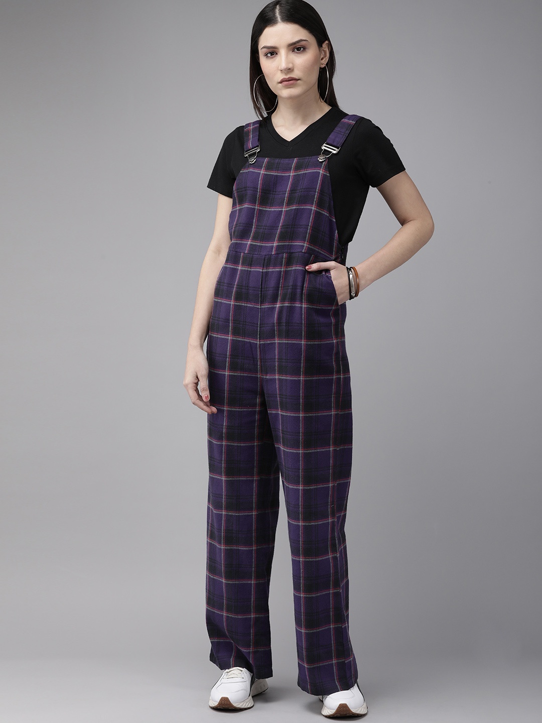 

Roadster Women Purple & Pink Cotton Checked Flared Flannel Dungarees