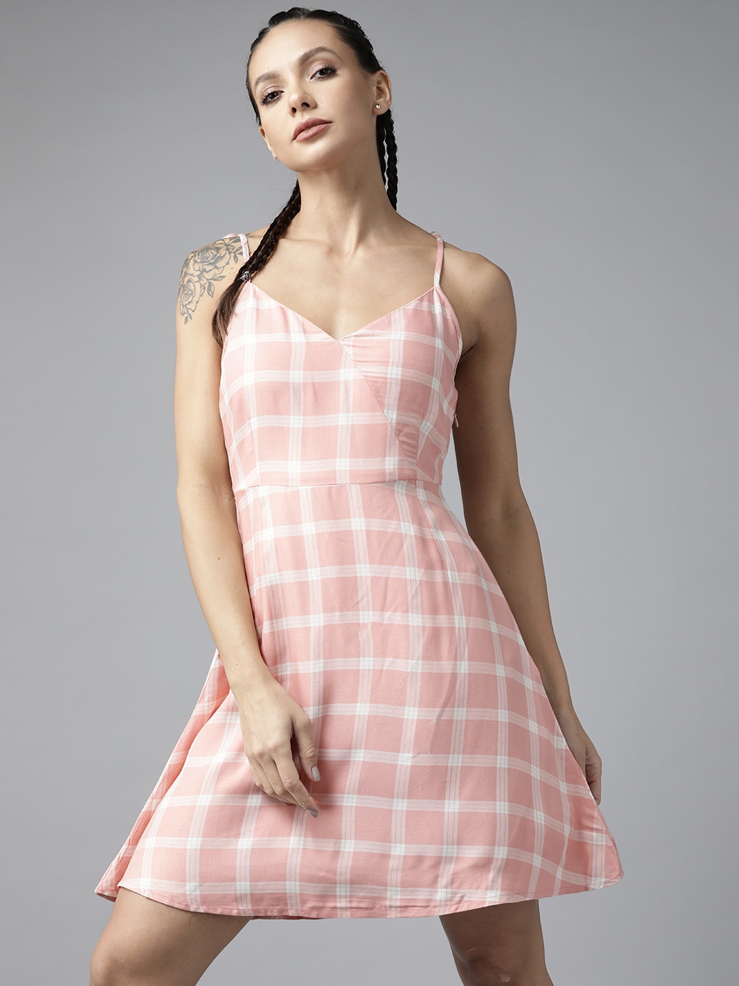

Roadster Women Pink & White Checked A-Line Dress