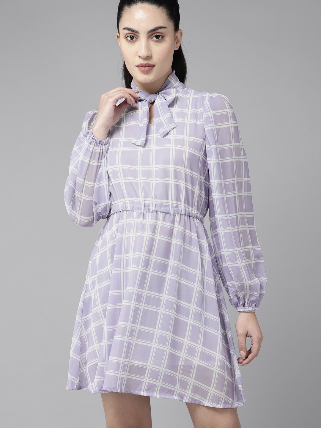 

The Roadster Lifestyle Co. Checked Tie-Up Neck Dress, Lavender