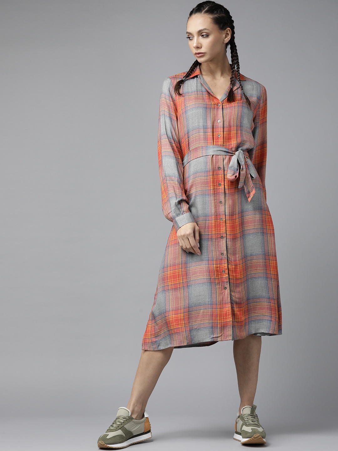 

Roadster Women Orange & Grey Checked Shirt Midi Dress with A Belt