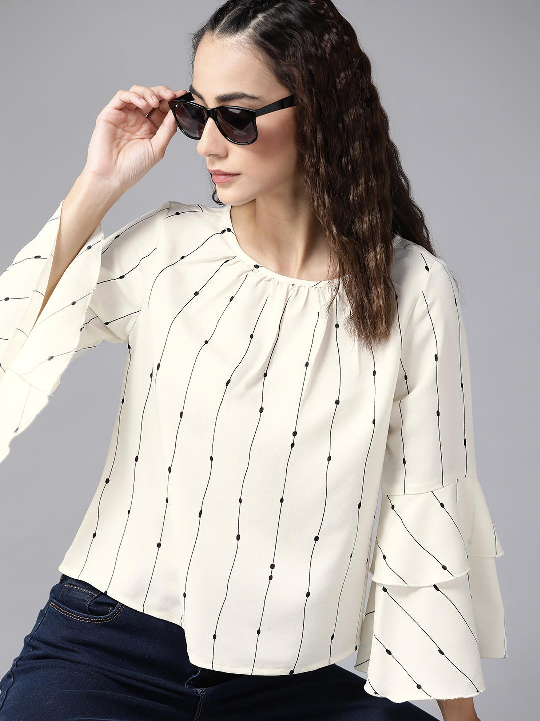 

Roadster Women White & Black Striped Flutter Sleeves Regular Top
