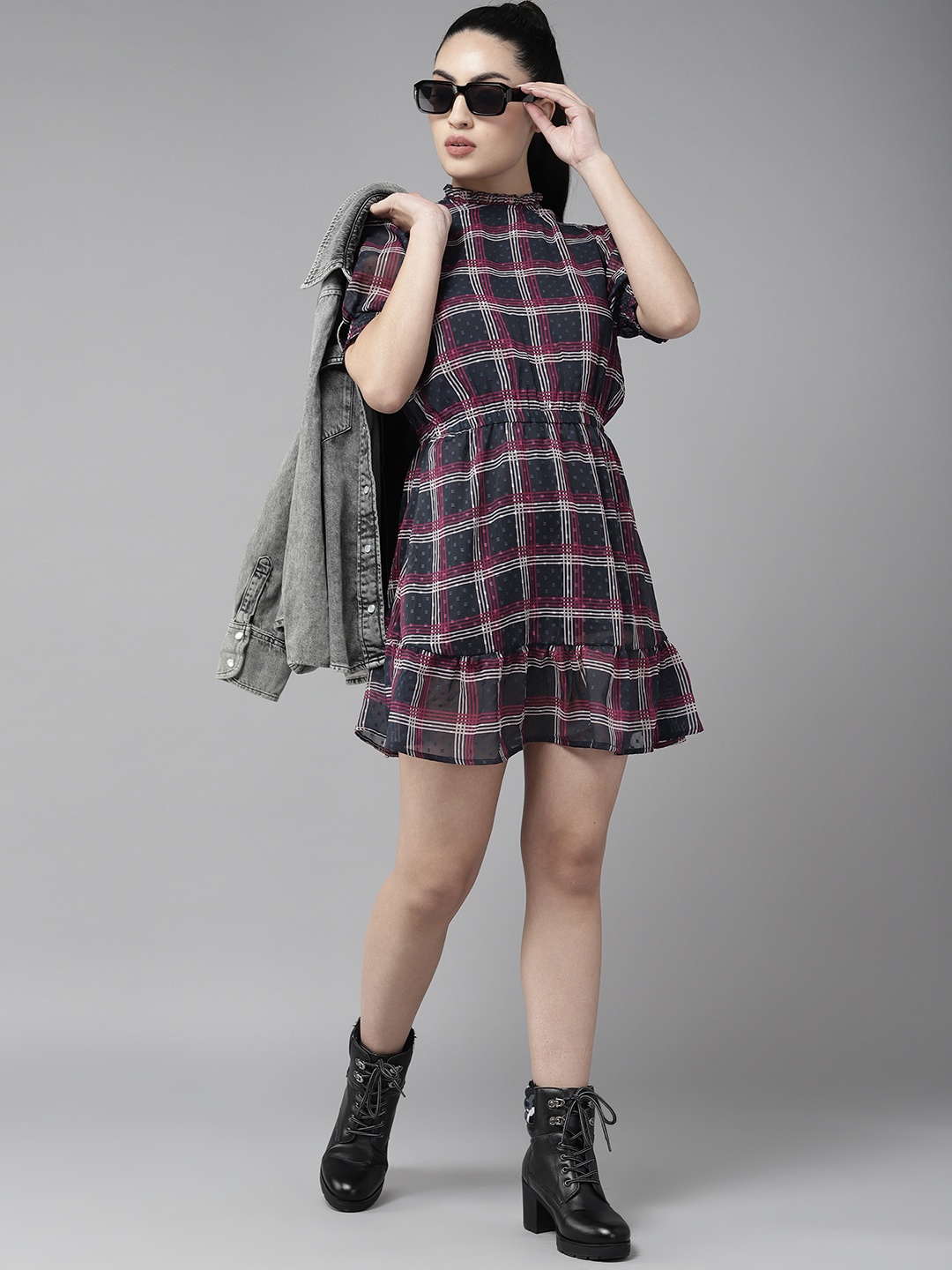 

The Roadster Lifestyle Co. Fit & Flare Checked Dress, Navy blue