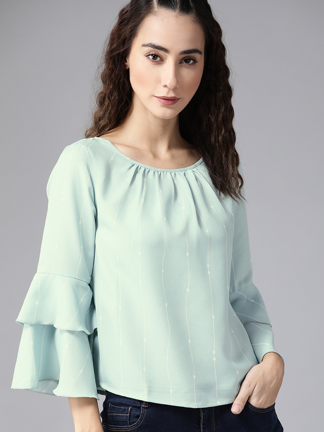 

Roadster Women Green & White Striped Flutter Sleeves Regular Top