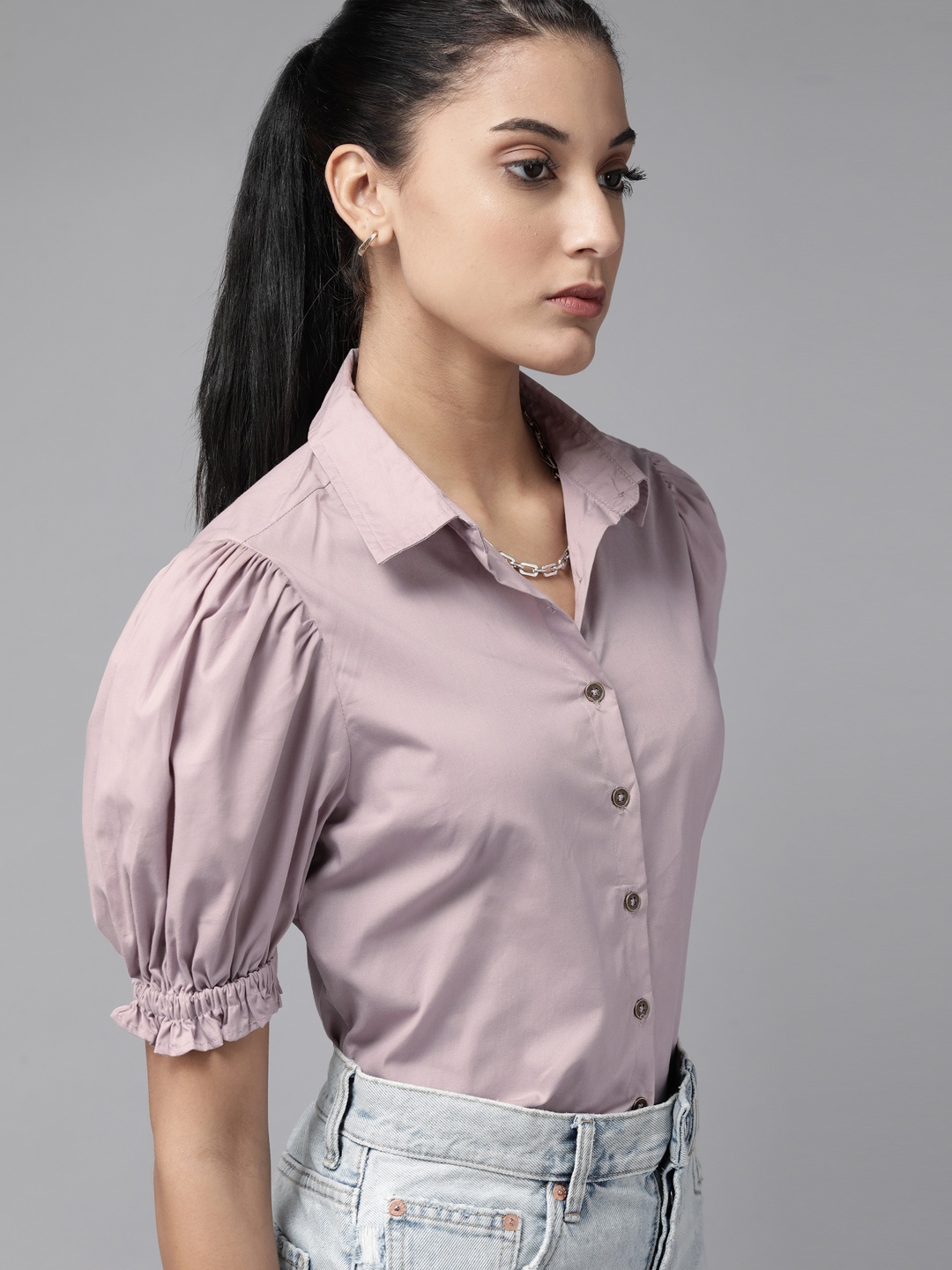 

Roadster Women Lavender Solid Cotton Casual Shirt