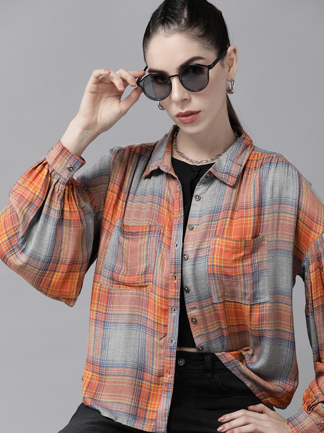 

Roadster Women ECOVERO Grey & Orange Checked Casual Shirt