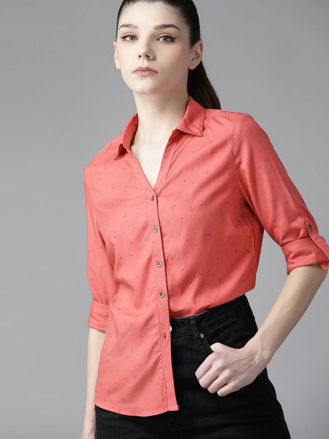 

Roadster Women Coral Red Printed Sustainable Shirt