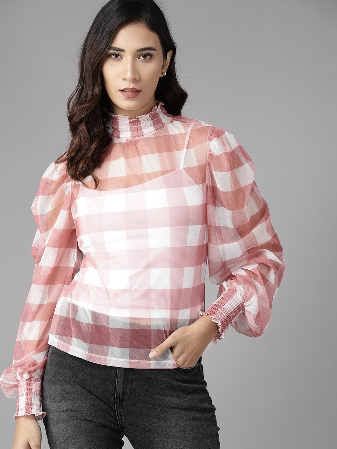 

Roadster White & Pink Checked Mandarin Collar Net Regular Top