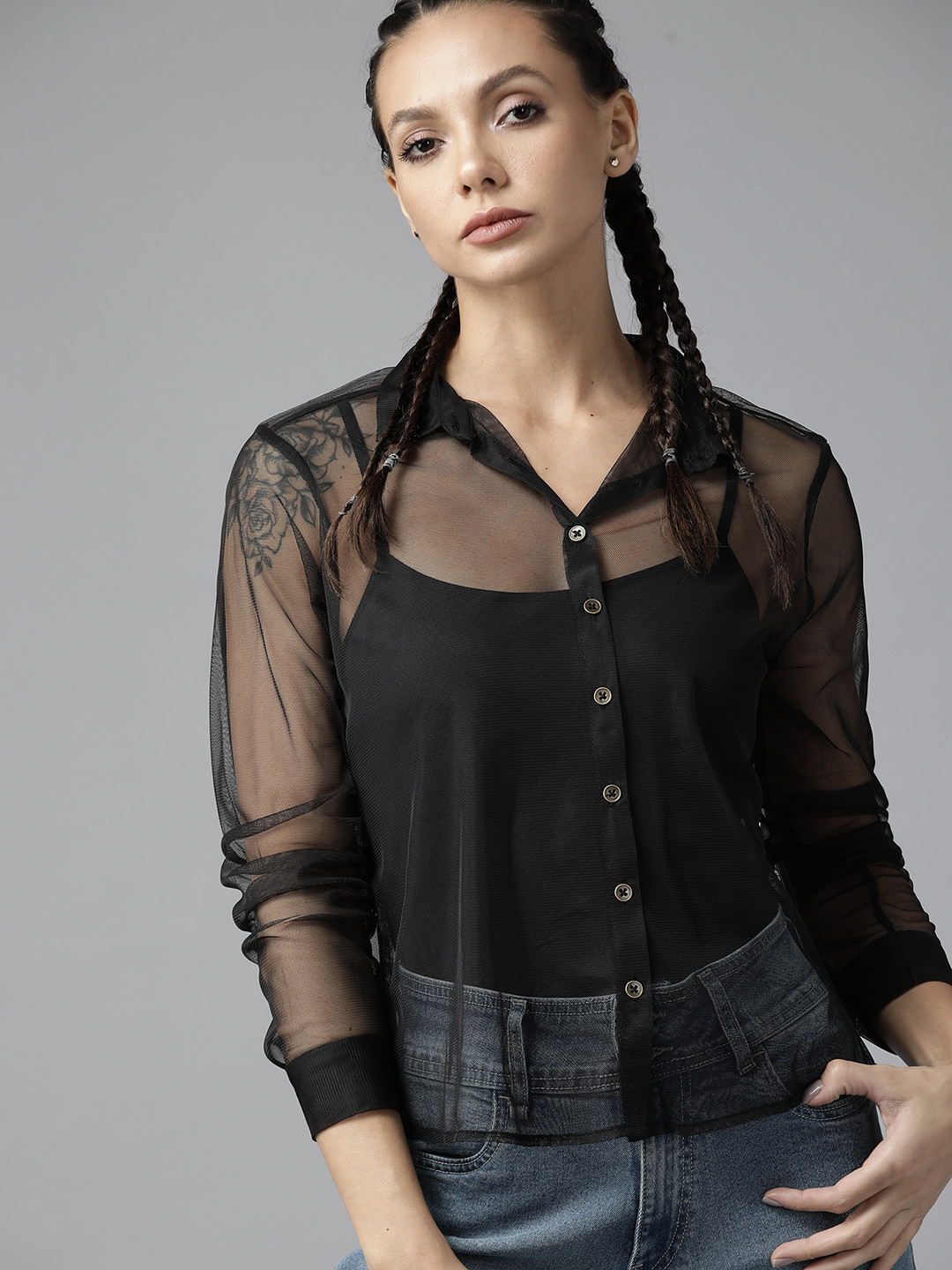 

Roadster Women Black Sheer Casual Shirt