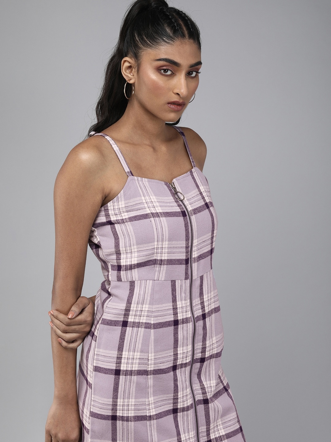 

Roadster Lavender & White Checked Shoulder Straps Pure Cotton Fit & Flare Dress