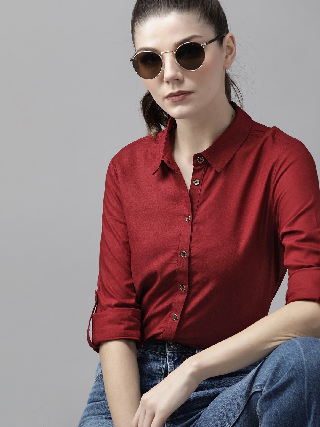 

Roadster Women Maroon Sustainable EcoVero Solid Casual Shirt