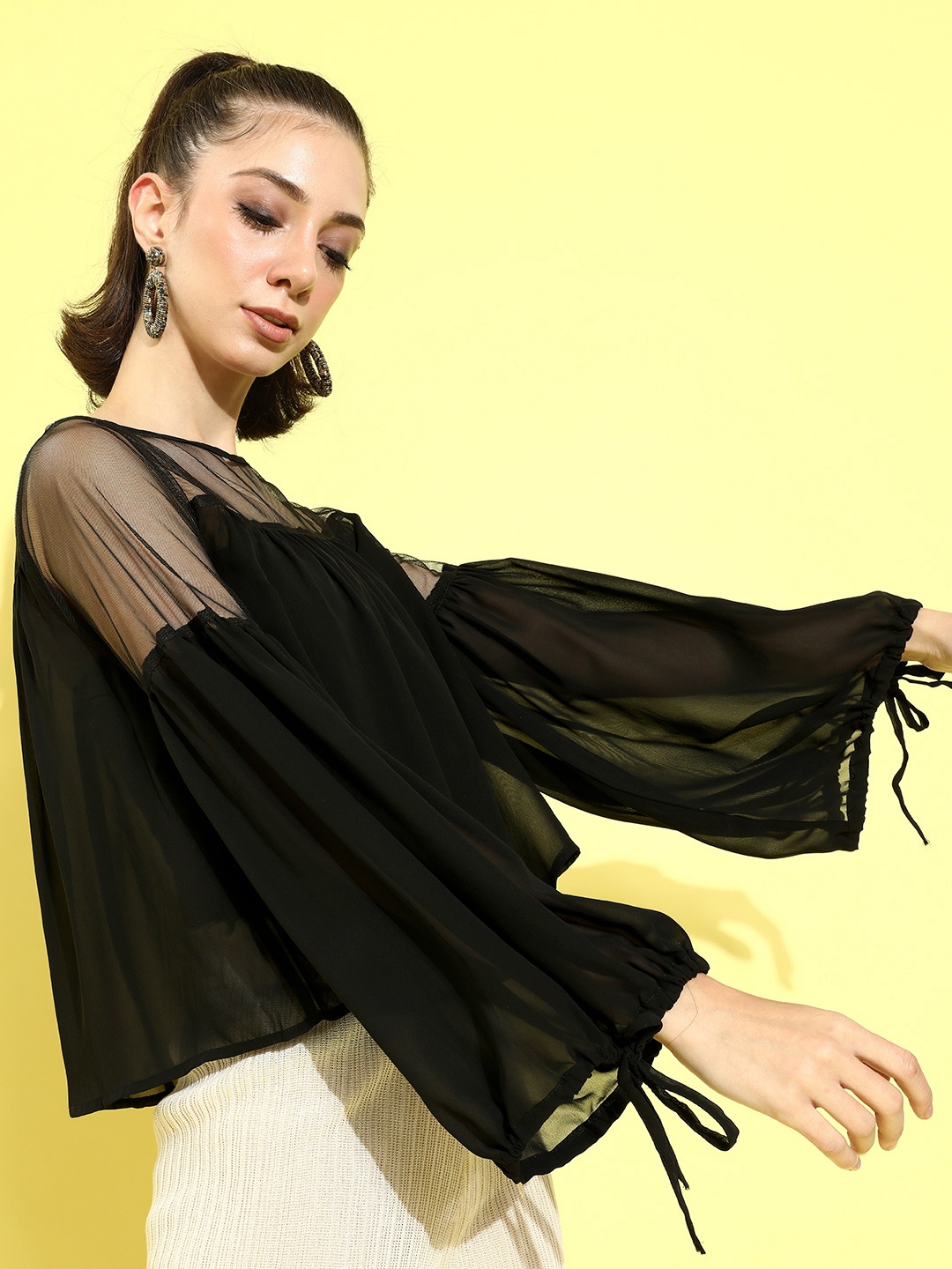 

Roadster Women Black Solid Sheer Top