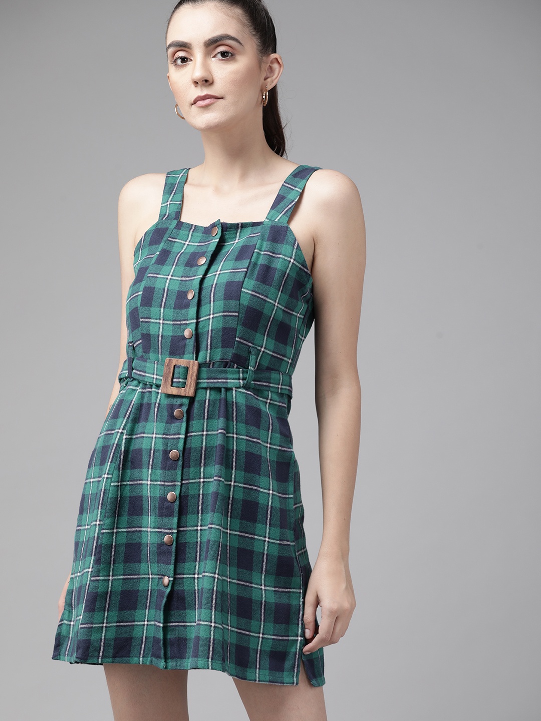 

Roadster Green & Navy Blue Checked A-Line Dress with Pockets