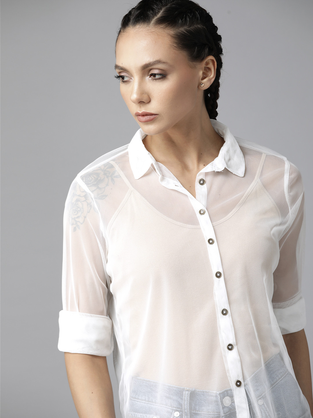 

Roadster Women White Sheer Casual Shirt