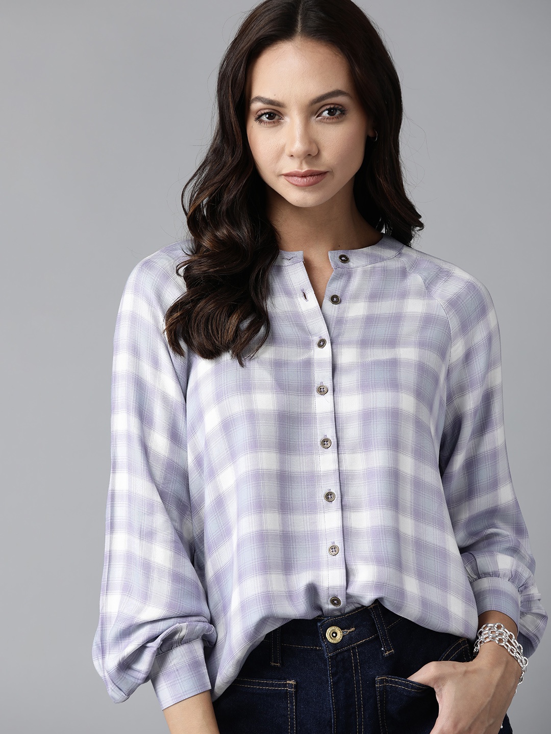 

Roadster Women Lavender & White Checked Casual Shirt