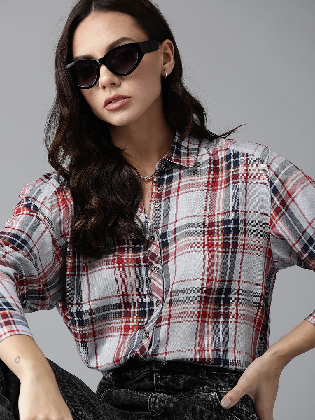 

Roadster Women Grey & Maroon Checked Casual Shirt