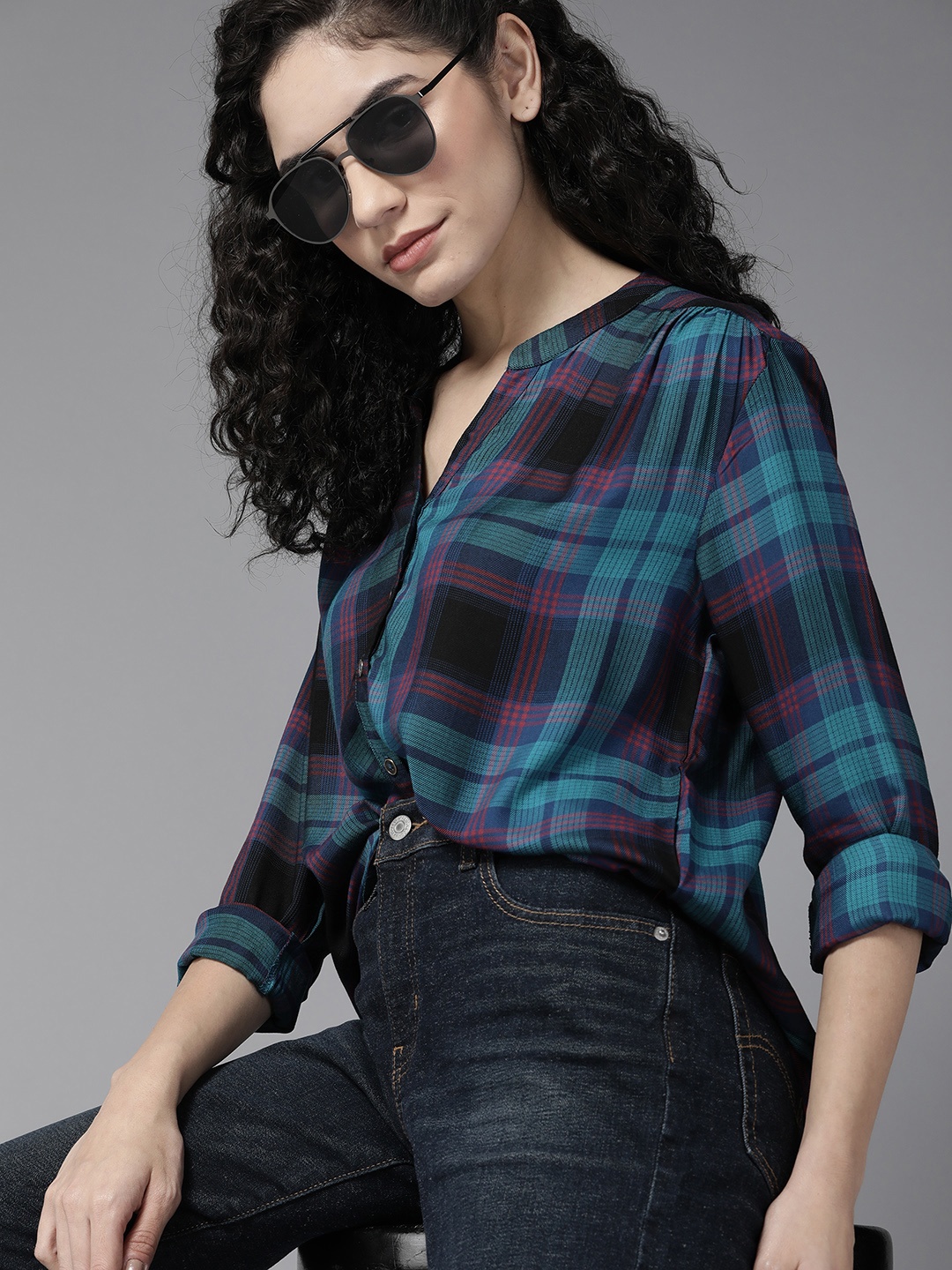 

Roadster Women Eco Vera Navy Blue Tartan Checks Casual Shirt