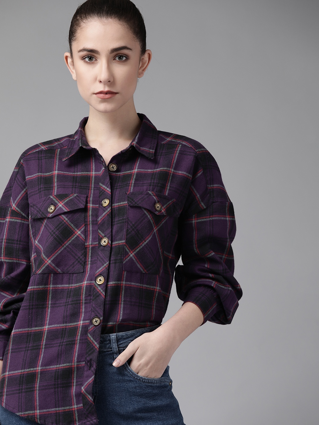 

Roadster Women Purple Pure Cotton Checked Casual Flannel Shirt