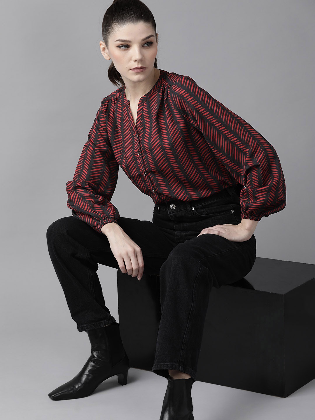 

Roadster Women Black & Maroon Striped Sustainable Shirt