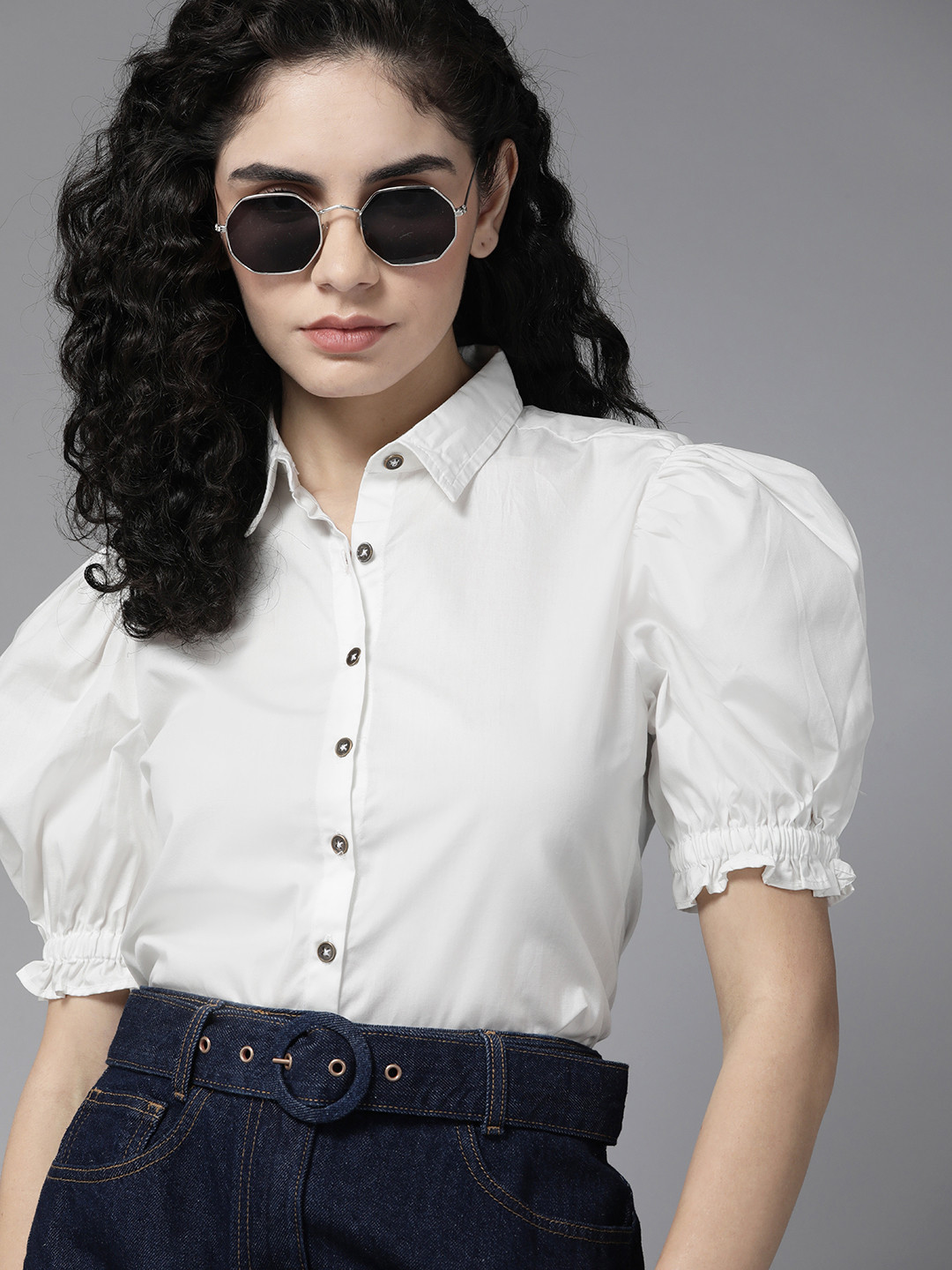 

The Roadster Lifestyle Co. Women White Pure Cotton Puff Sleeve Casual Shirt