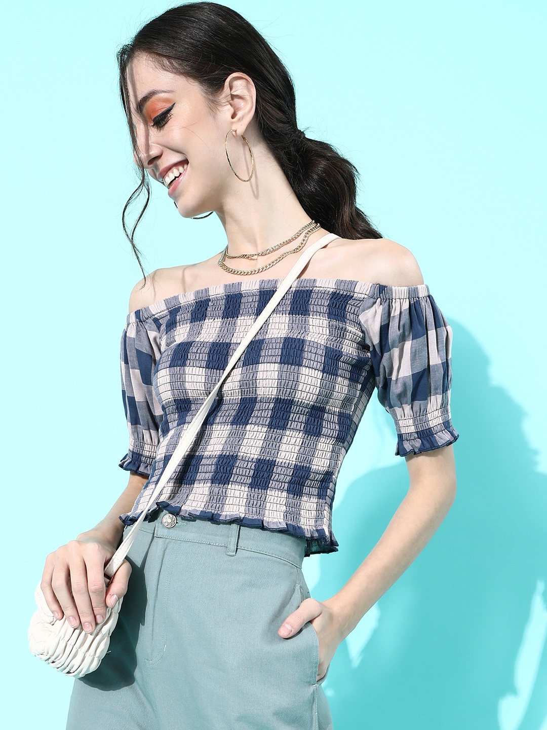 

Roadster Blue & Grey Checked Off-Shoulder Crop Smocking Top