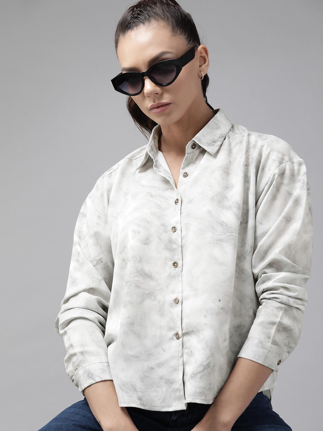 

Roadster Women White & Grey Dyed Casual Shirt