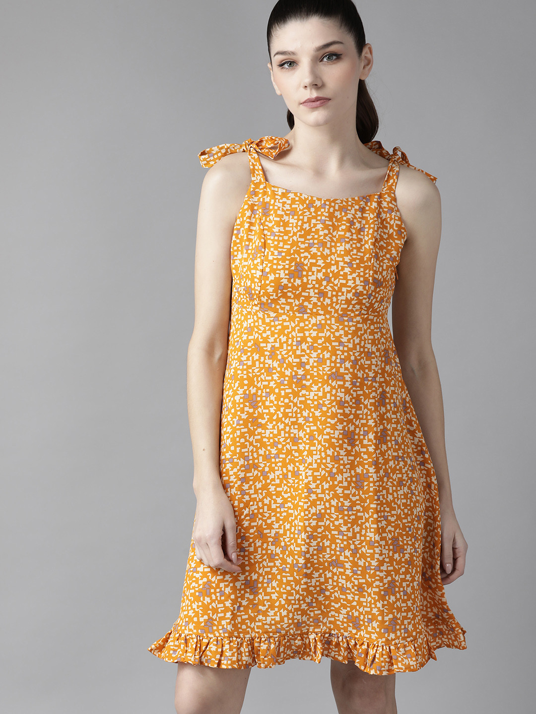 

Roadster Orange & Cream-Coloured Abstract Printed A-Line Mini Dress With Ruffle Details