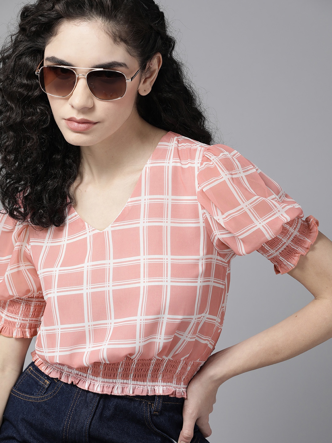 

The Roadster Lifestyle Co. Peach-Coloured & White Checked Blouson Top