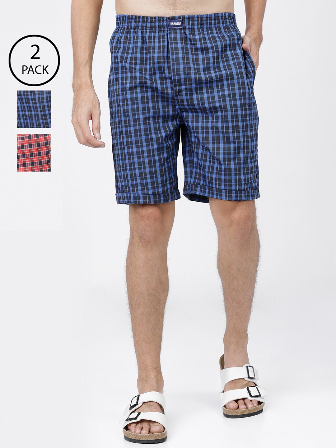 

HIGHLANDER Men Pack of 2 Blue & Red Checked Lounge Shorts